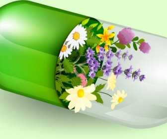 天然草藥產品廣告3D光澤膠囊花卉裝潢