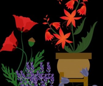 Herbal Alami Latar Belakang Bunga Berwarna-warni Ikon Gelap Desain
