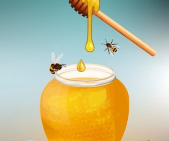 Natural Honey Advertising Jar Bees Flowers Icons Decor
