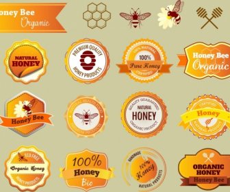 天然蜂蜜のバッジのオレンジ色のデザインの様々なフラット形状