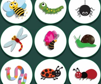 Natural Insect Icons Isolation Colored Stylized Design