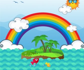 Natural Landscape Background Rainbow Island Sun Sea Icons