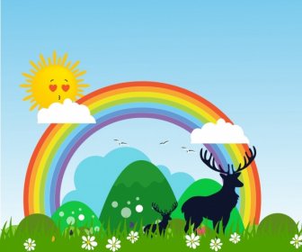 Il Paesaggio Naturale Contesto Renne Silhouette Rainbow Sun Icone