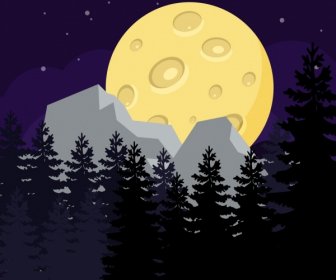 Natürliche Landschaft Hintergrund Baum Runde Mond Symbole