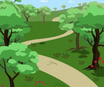 Natürliche Landschaft Grüner Baum Weg Symbole Zeichnen