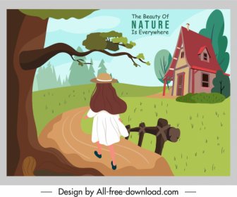 Natural Life Banner Countryside Scene Sketch Colorful Cartoon