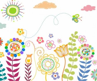 Natural Life Drawing Multicolored Handdrawn Flowers Butterfly Icons
