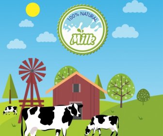 Natural Milk Advertisement Cows Farmland Decoration Colorful Design