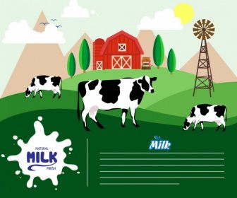 Natural Milk Advertising Banner Cow Farm Icons Ornament