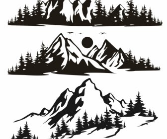 Natural Mountain Range Icons Retro Handdrawn Sketch