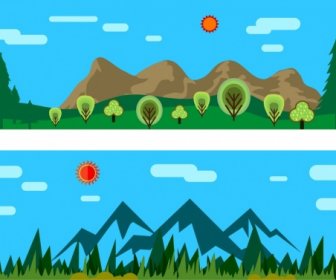Natural Scenery Background Sets Colored Cartoon Style