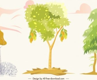 Natural Tree Icons Bright Colored Sketch