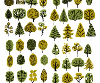 Natural Tree Icons Collection Classical Flat Handdrawn Sketch