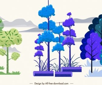 natural tree icons colorful handdrawn sketch