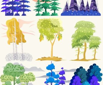 Coleção De ícones De árvores Naturais Esboço Colorido