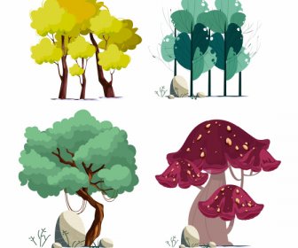 Naturalne Drzewa Ikony Kolorowe Klasyczne Ręcznie Rysowane Projekt