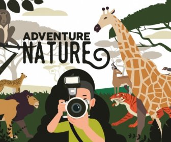 Nature Adventure Background Tourist Wild Animals Icons Decor