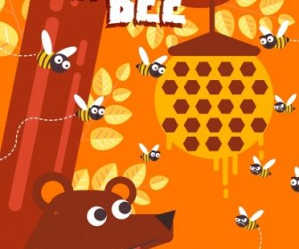 Nature Background Bears Honeybees Icons Colored Cartoon
