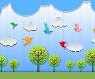Naturaleza Fondo Pájaro Cloud árbol Iconos Papel Cortado