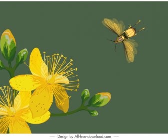 Nature Background Blooming Flower Bee Sketch Colored Classic