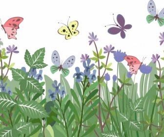 Nature Background Colorful Butterflies Green Plants Icons