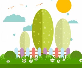 Nature Background Colorful Cartoon Style Tree Grass Icons