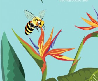 พื้นหลังธรรมชาติที่มีสีสัน Honeybee คลาสสิกดอกไม้ตกแต่งใบ