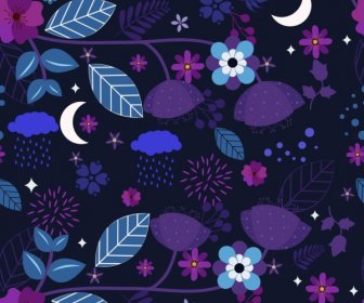 Iconos De Naturaleza Fondo Media Luna Flor Patrón Violeta Oscuro