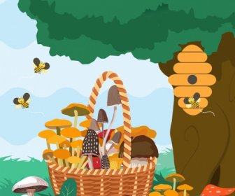 Nature Background Honey Bees Mushroom Basket Icons Decor