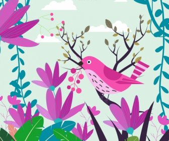 自然背景ピンクの鳥のカラフルな植物装飾