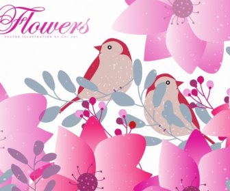 นกดอกไม้สีชมพูพื้นหลังธรรมชาติการ์ตูนออกแบบ