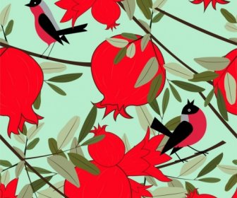 Nature Background Pomegranate Bird Icons Multicolored Design