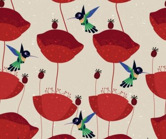 Nature Background Red Flower Bird Icons Pattern