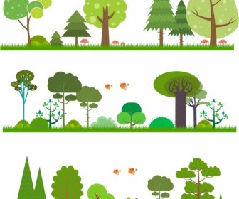 Природа фона устанавливает зеленые деревья украшения мультфильм дизайн