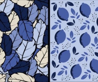 Nature Background Sets Leaves Icons Dark Blue Design