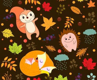 Nature Background Squirrel Fox Porcupine Icons Leaves Decoration