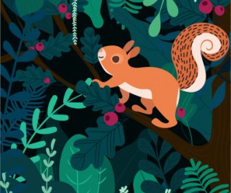 自然背景松鼠叢林素描五顏六色的平面設計
