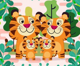 Design Dessin Animé Mignon De Nature Fond Tigres Icônes Famille