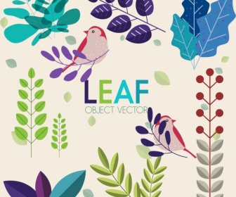 Nature Design Elements Colorful Leaf Birds Icons