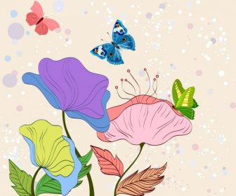 Nature Drawing Multicolored Design Flowers Butterflies Icons
