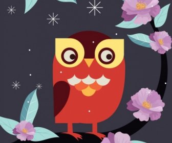 Nature Drawing Pink Flower Perching Owl Icons