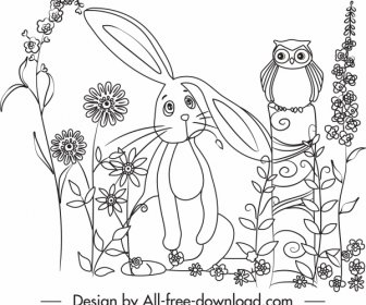 Nature Drawing Rabbit Owl Flowers Cute Handdrawn Cartoon