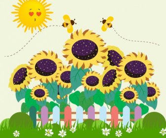 Natur-Zeichnung Stilisierte Sonne Sonnenblumen Honigbiene Symbole