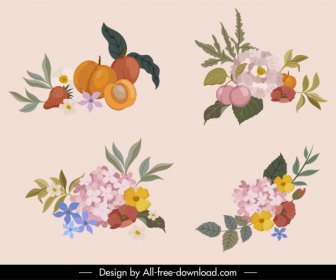 Nature Elements Icons Colorful Classic Botany Fruits Sketch