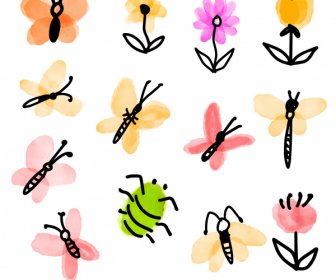 Nature Elements Icons Colorful Flat Handdrawn Classic Sketch