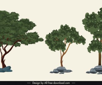 Nature Elements Icons Green Trees Sketch Classic Design
