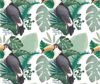 Nature Elements Pattern Repeating Toucan Leaves Decor