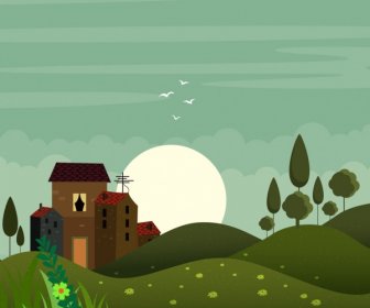 Nature Hill Landscape Drawing Colored Cartoon Design