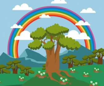Natur Landschaft Hintergrund Regenbogenfarbenen Baum Berg Symbole