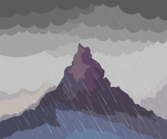 Nature Landscape Drawing Rain Mountain Icons Colored Cartoon